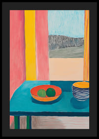 Plagát zobrazujúci zátišie s ovocím a pohárom na tyrkysovom stole pri okne-4