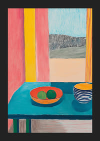 Plagát zobrazujúci zátišie s ovocím a pohárom na tyrkysovom stole pri okne-5