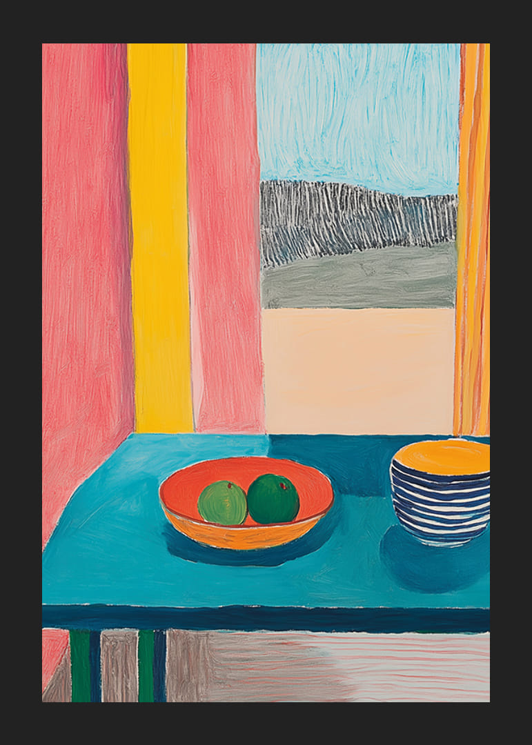 Plagát zobrazujúci zátišie s ovocím a pohárom na tyrkysovom stole pri okne-12