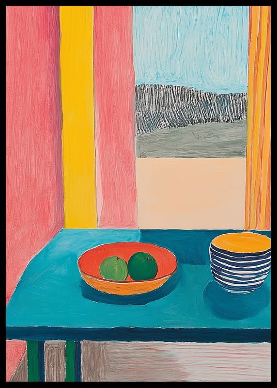 Une affiche représentant une nature morte avec des fruits et une tasse sur une table turquoise près d'une fenêtre-12
