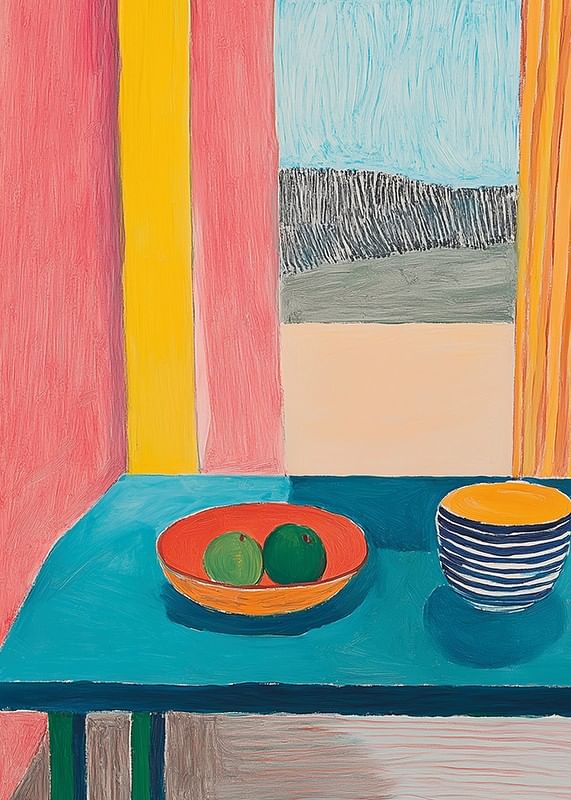 Une affiche représentant une nature morte avec des fruits et une tasse sur une table turquoise près d'une fenêtre-12