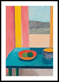 Une affiche représentant une nature morte avec des fruits et une tasse sur une table turquoise près d'une fenêtre-0