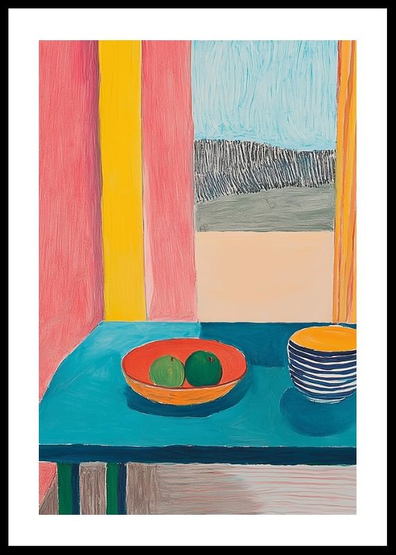 Une affiche représentant une nature morte avec des fruits et une tasse sur une table turquoise près d'une fenêtre-12