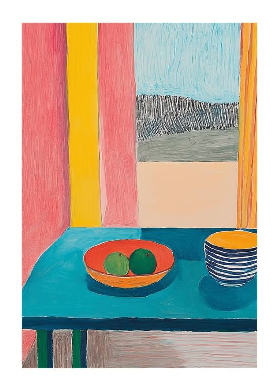 Une affiche représentant une nature morte avec des fruits et une tasse sur une table turquoise près d'une fenêtre-12