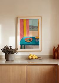 Une affiche représentant une nature morte avec des fruits et une tasse sur une table turquoise près d'une fenêtre-4