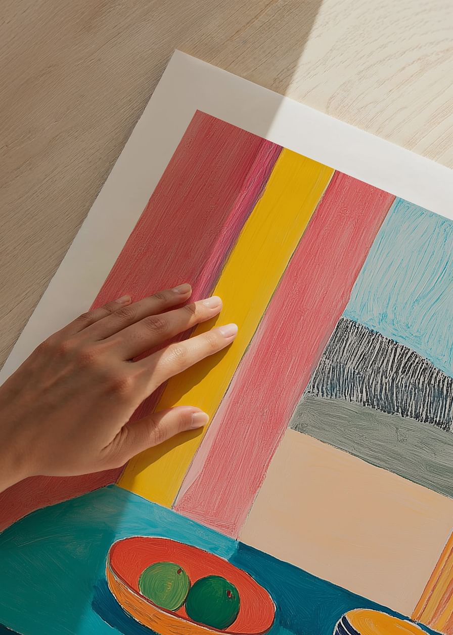Une affiche représentant une nature morte avec des fruits et une tasse sur une table turquoise près d'une fenêtre-12