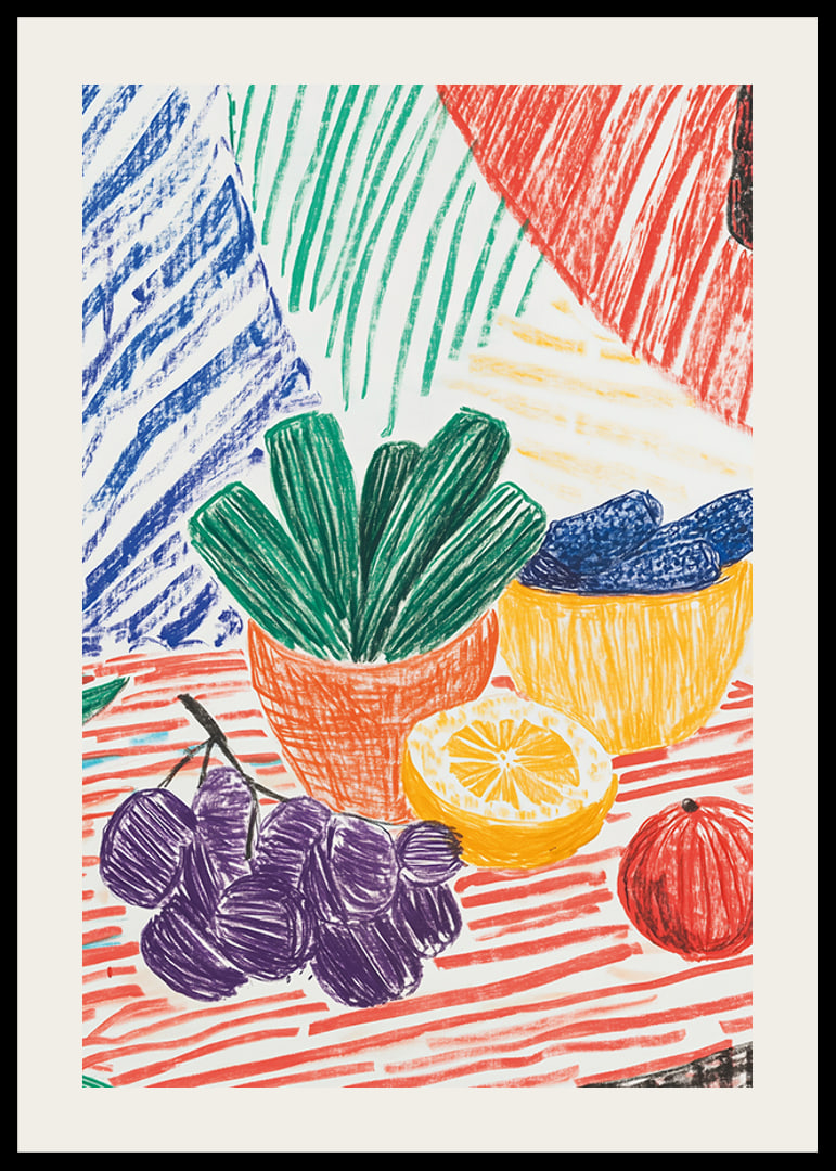 A poster depicting a hand-drawn still life with fruits and plants-12