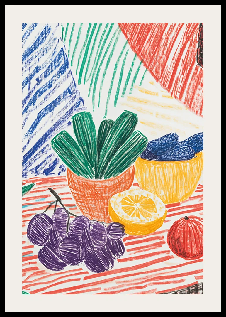 A poster depicting a hand-drawn still life with fruits and plants-12