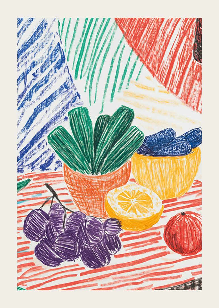 Poszter, amely egy kézzel rajzolt csendéletet ábrázol gyümölcsökkel és növényekkel-12