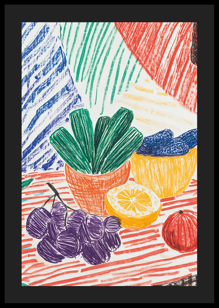 A poster depicting a hand-drawn still life with fruits and plants-12