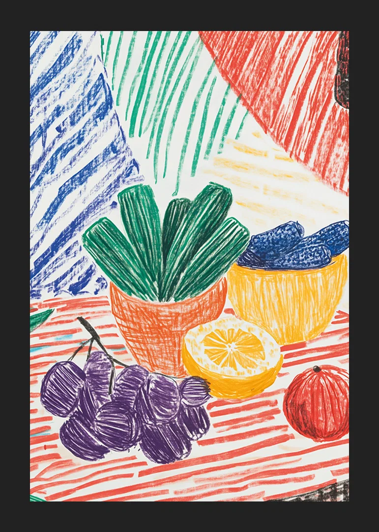 A poster depicting a hand-drawn still life with fruits and plants-12