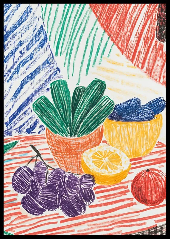 A poster depicting a hand-drawn still life with fruits and plants-12