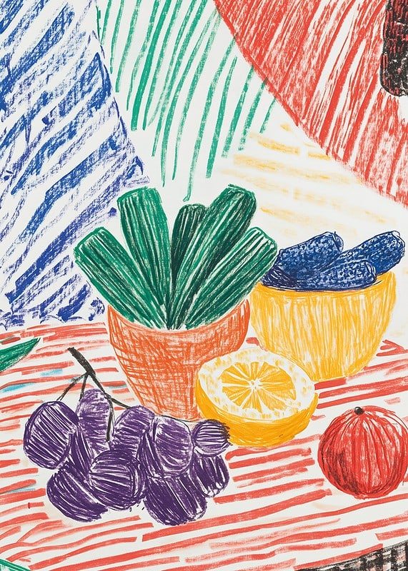 A poster depicting a hand-drawn still life with fruits and plants-12