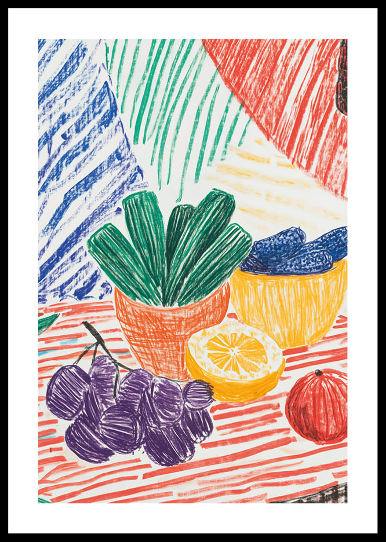 A poster depicting a hand-drawn still life with fruits and plants-12