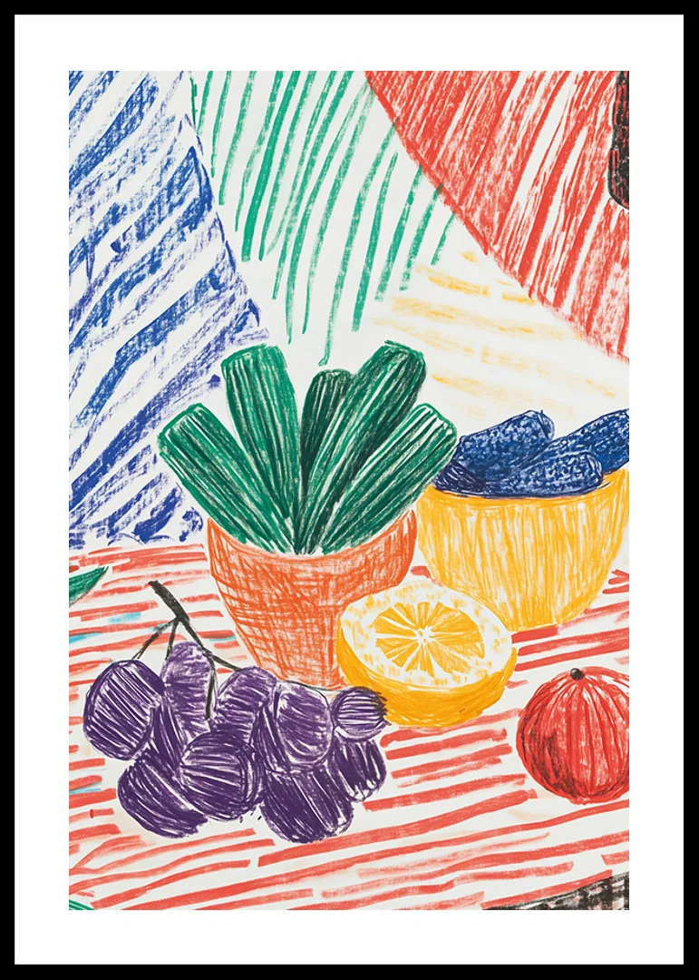 A poster depicting a hand-drawn still life with fruits and plants-12