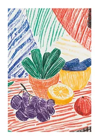 A poster depicting a hand-drawn still life with fruits and plants-1