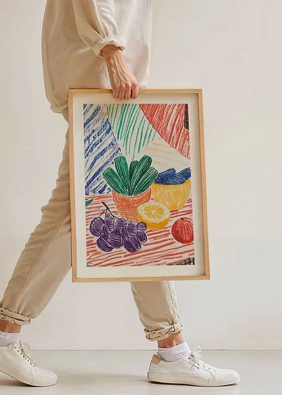 A poster depicting a hand-drawn still life with fruits and plants-12