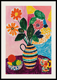 A poster depicting a lively still life with flowers, fruits and a striped vase-2