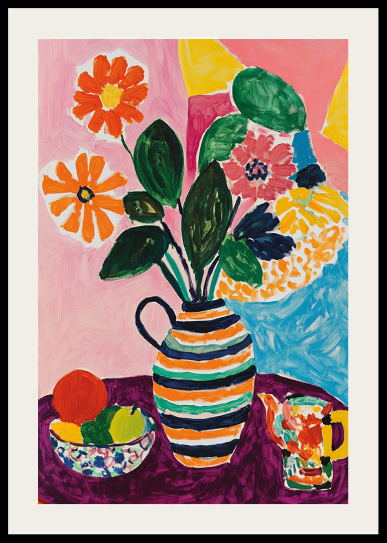A poster depicting a lively still life with flowers, fruits and a striped vase-12