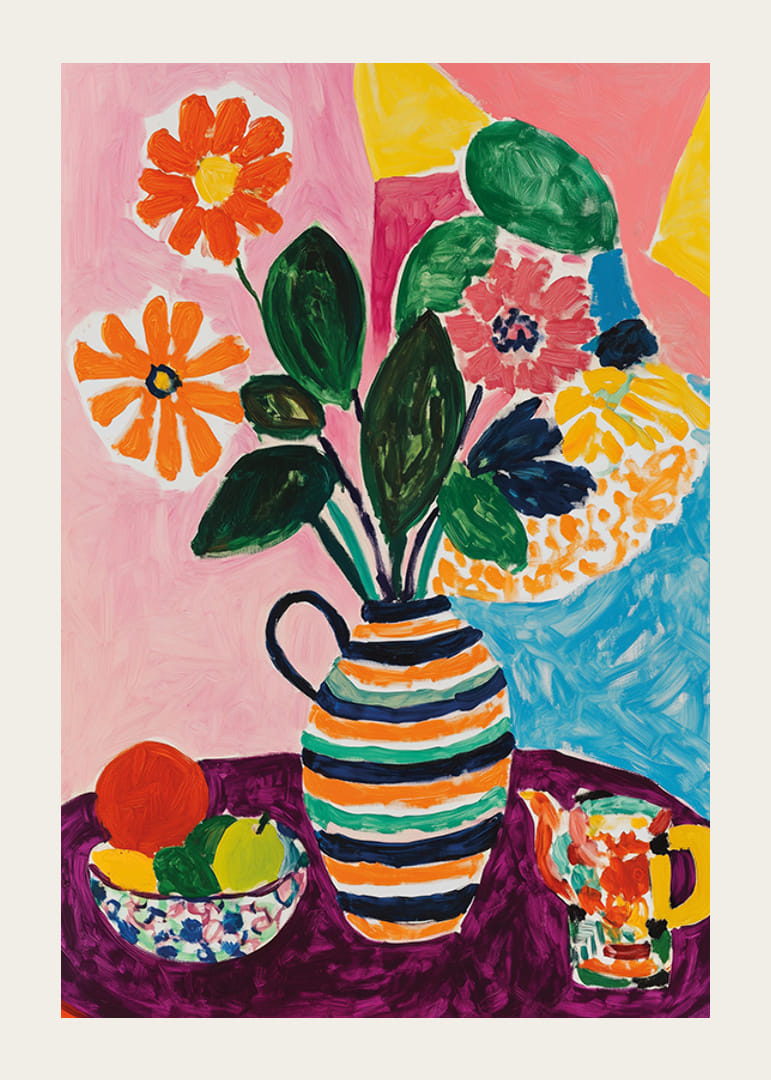 A poster depicting a lively still life with flowers, fruits and a striped vase-12