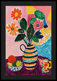 A poster depicting a lively still life with flowers, fruits and a striped vase-4