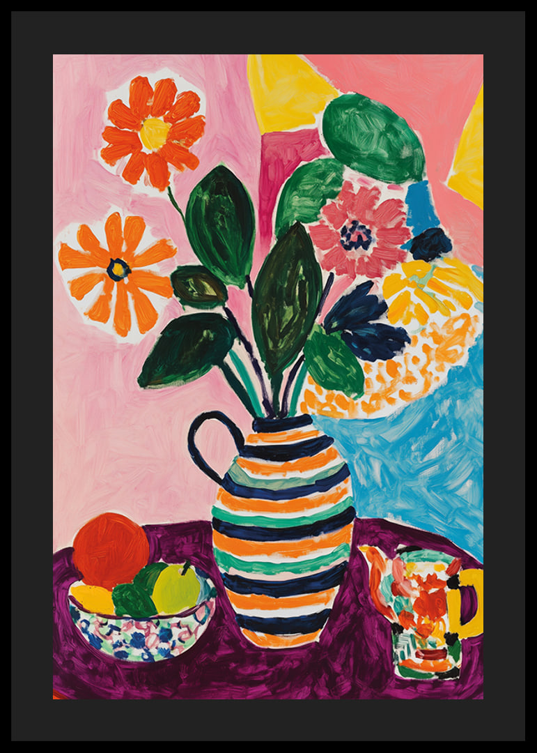A poster depicting a lively still life with flowers, fruits and a striped vase-12