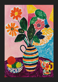 A poster depicting a lively still life with flowers, fruits and a striped vase-5