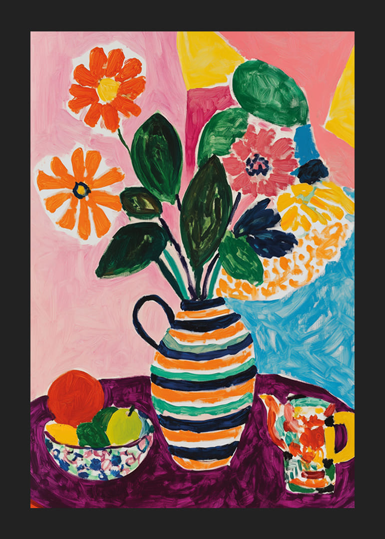 A poster depicting a lively still life with flowers, fruits and a striped vase-12