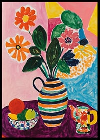 A poster depicting a lively still life with flowers, fruits and a striped vase-6