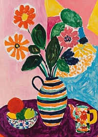 A poster depicting a lively still life with flowers, fruits and a striped vase-7