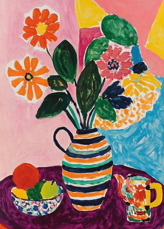 A poster depicting a lively still life with flowers, fruits and a striped vase-12