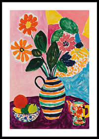 A poster depicting a lively still life with flowers, fruits and a striped vase-0
