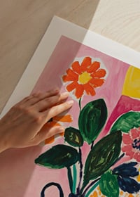 A poster depicting a lively still life with flowers, fruits and a striped vase-9