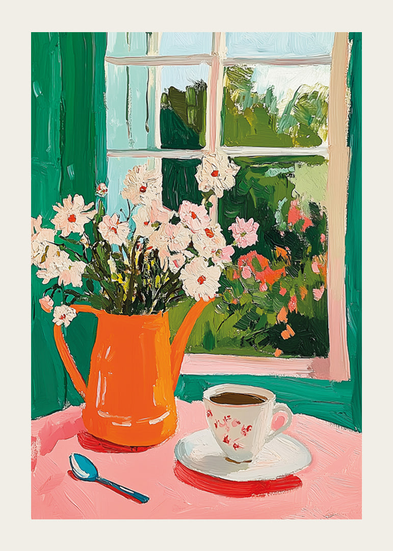 En poster som skildrar en kopp kaffe och blommor vid ett fönster-12