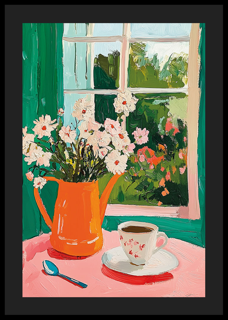 En poster som skildrar en kopp kaffe och blommor vid ett fönster-12