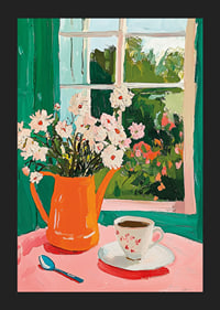 En poster som skildrar en kopp kaffe och blommor vid ett fönster-5