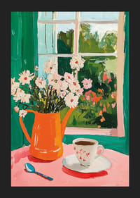 Plagát zobrazujúci šálku kávy a kvety pri okne-5