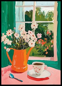 En poster som skildrar en kopp kaffe och blommor vid ett fönster-6