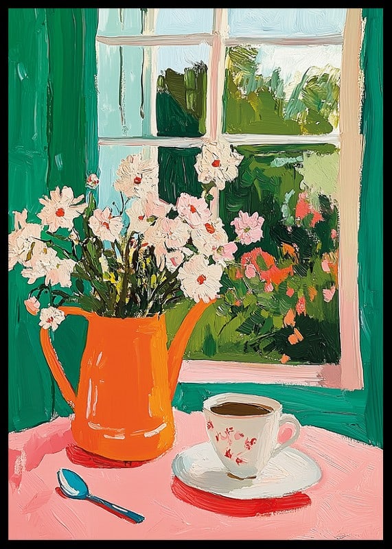 En poster som skildrar en kopp kaffe och blommor vid ett fönster-12