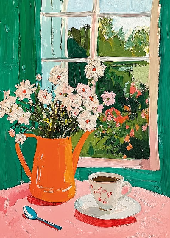 En poster som skildrar en kopp kaffe och blommor vid ett fönster-12