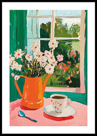 En poster som skildrar en kopp kaffe och blommor vid ett fönster-0