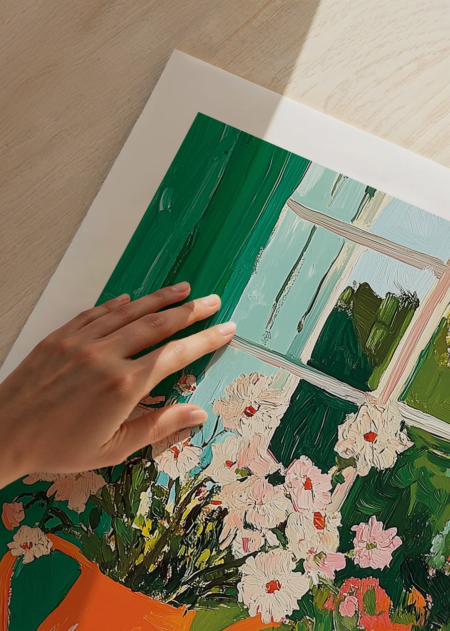 En poster som skildrar en kopp kaffe och blommor vid ett fönster-12