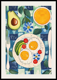 Een poster met een uitnodigend ontbijt met eieren, avocado en sinaasappelsap-2