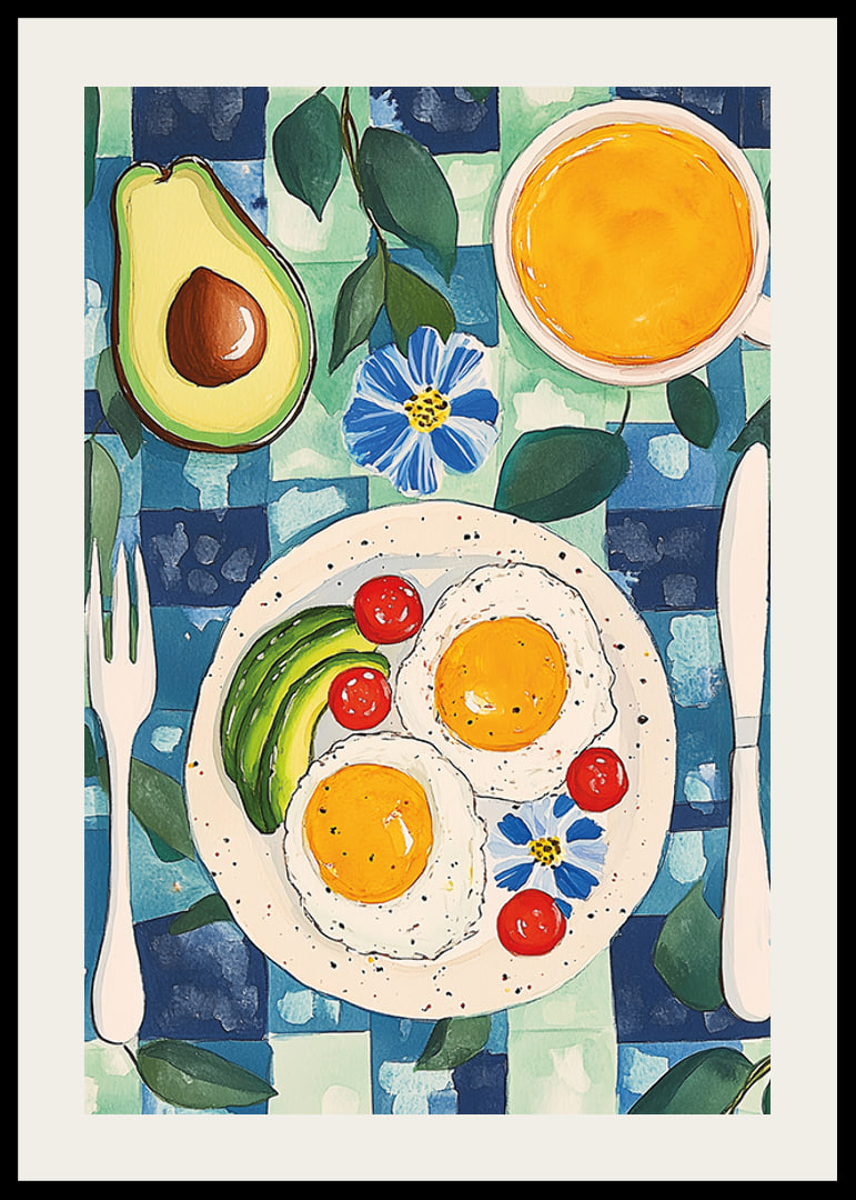 Een poster met een uitnodigend ontbijt met eieren, avocado en sinaasappelsap-12