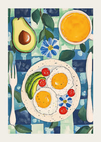 En poster som skildrar en inbjudande frukost med ägg, avokado och apelsinjuice-3