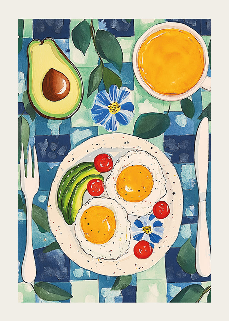 En poster som skildrar en inbjudande frukost med ägg, avokado och apelsinjuice-12