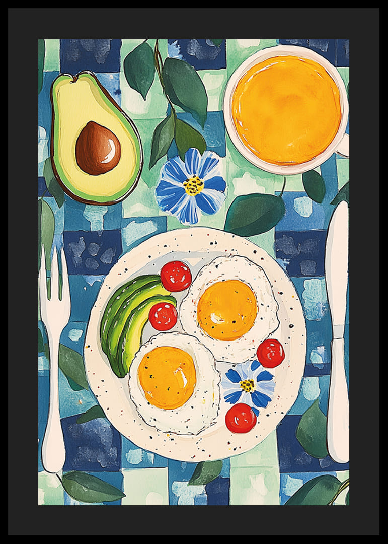 En poster som skildrar en inbjudande frukost med ägg, avokado och apelsinjuice-12
