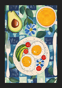 Een poster met een uitnodigend ontbijt met eieren, avocado en sinaasappelsap-5