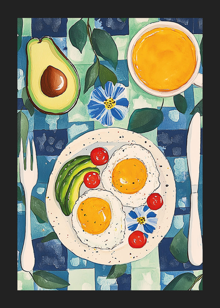 En poster som skildrar en inbjudande frukost med ägg, avokado och apelsinjuice-12