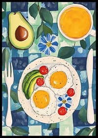 Een poster met een uitnodigend ontbijt met eieren, avocado en sinaasappelsap-6